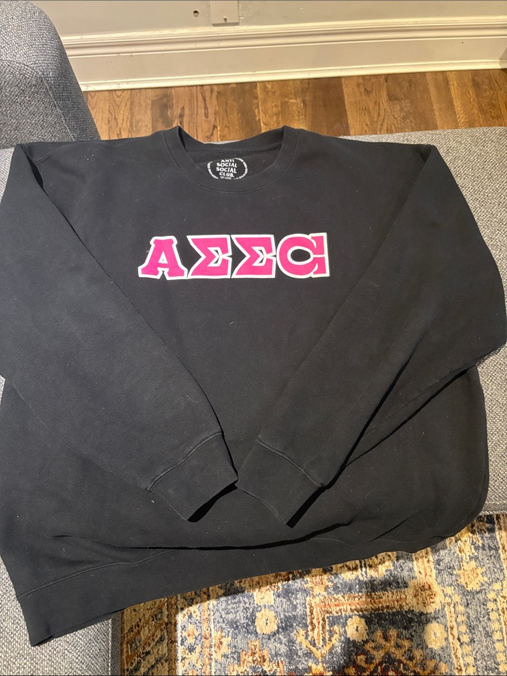Anti Social Social Club Black Crewneck with Pink Greek Letter Logo